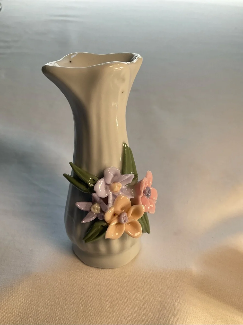 Vintage Petite Porcelain White Bud Vase with Pastel Floral Accents